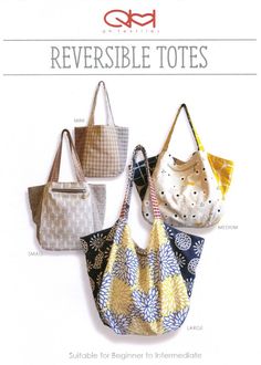 an advertisement for reversible totes, with four different bags hanging from the front