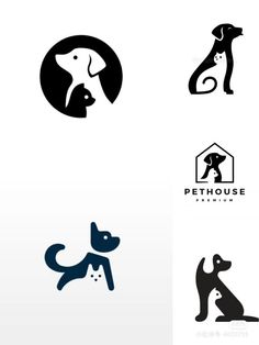 four different logos with dogs and cats in the middle one has a house on it