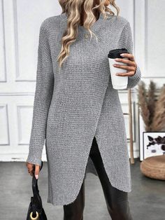 Gris Casual Collar manga larga Lana Peinada Liso Pullovers Embellished Estiramiento medio Long Sweater Dress, Women Sweaters, Grey Knit Sweater, Lightweight Cardigan, Sweater Set, Kids Sleepwear, Womens Clothing Sizes, Crop Sweatshirt, Casual Sweatshirt