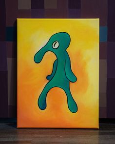 a painting of a green figure on an orange and yellow background