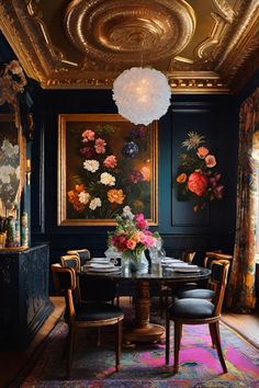 the dining room is decorated in black and gold with floral arrangements on the wall, chandelier, and rug