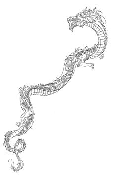 a black and white drawing of a dragon with its tail curled in the shape of a snake