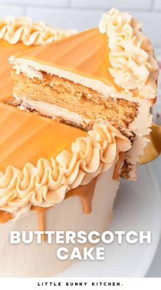 a close up of a cake on a plate with the words butterscotch cake