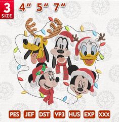 mickey mouse and friends in christmas costumes with reindeer hats on their heads embroidery design pattern