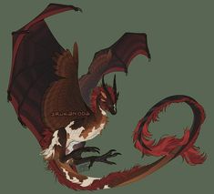 a red and white dragon with black wings on it's back, sitting in front of a green background