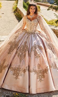 Metallic embroidered lace quinceanera dress with beading details. Please Note: Long cape is not included. Quinceanera Dresses Damas, Rose Gold Quinceanera Dresses, Gold Quinceanera, Plus Prom Dresses, Xv Dresses, Mexican Quinceanera, Dresses 15, Pink Quinceanera, Damas Dresses