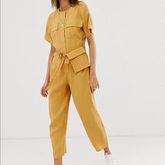 Nwt. Yellow Short Sleeve Jumpsuit With Detachable Small Fanny Pack. Ribbon Tie. Zip And Snap Closure. Summer Workwear Jumpsuits And Rompers With Pockets, Utility Jumpsuits And Rompers For Summer Workwear, Workwear Jumpsuit With Tie Waist And Relaxed Fit, Chic Summer Pantsuit With Pockets, Casual Summer Pantsuit For Loungewear, Casual Summer Overall Pantsuit, Casual Summer Loungewear Pantsuit, Summer Workwear Overall Pantsuit, Summer Workwear Pantsuit Overall