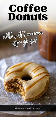 coffee donuts with caramel glaze on top and text overlay that reads coffee donuts