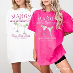 Margs and Matrimony Bachelorette Party Comfort Colors Shirt The perfect custom shirt for a Margs and Matrimony Theme! Perfect for your bride's Final Fiesta! You can choose an oversize look or go with a regular fit. For an oversized shirt fit, we recommend to size up by 2 - 3 sizes. This is a PERSONALIZED shirt. You will need to type EXACTLY what you want on your shirt in the personalization box. If you are wanting a design change, please message the shop for approval - ANY design changes not approved by the shop will be cancelled SHIRT DETAILS - Comfort Colors® 1717 Unisex - 100% cotton, medium fabric - Runs true to size for a relaxed fit, if you are unsure about sizes - refer to the sizing chart in the listing - For an oversized look, size up accordingly (typically 2 - 3 sizes) - Colors m Short Sleeve Summer Wedding Tops, Fitted Short Sleeve Tops For Anniversary, Summer Wedding Tops With Short Sleeves, White Short Sleeve Top For Bridesmaids, Fitted White Top For Bridesmaid, White Fitted Top For Bridesmaids, Pink Crew Neck Top For Wedding, Pink Summer Tops For Wedding, Pink Summer Wedding Tops