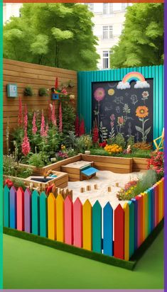 an outdoor play area with colorful fences and flowers