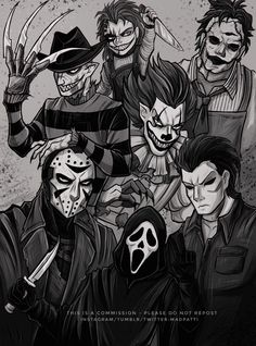 the group of clowns with their faces painted black and white, all wearing masks