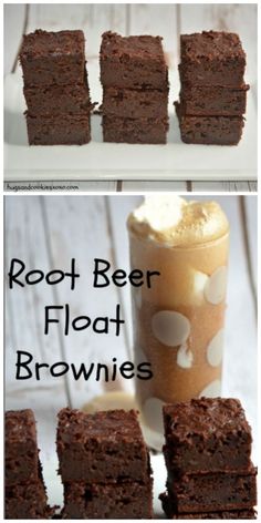 four brownies sitting next to each other on a white plate with a drink in the background