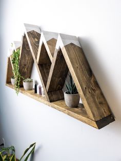 three wooden shelves with plants on them