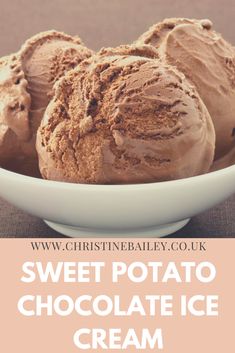 three scoops of sweet potato chocolate ice cream in a white bowl with text overlay