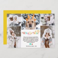 a christmas card with four photos of a dog wearing reindeer hats and holding a baby