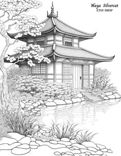 an ink drawing of a pagoda in the middle of a pond with rocks and trees around it