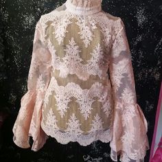 Blush Lace Mesh Blouse, With Bell Sleeves Elegant Pink Lace Blouse, Pink Fitted Lace Blouse, Pink Lace Fitted Blouse, Fitted Lace Pink Blouse, Elegant Pink Lace Top Blouse, Elegant Pink Tops For Evening, Elegant Pink Evening Tops, Elegant Pink Top For Wedding, Elegant Pink Wedding Top