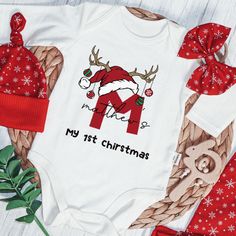 Personalized Christmas Baby Boy Onesies and Long Pants Set | Custom Infant Onesie Monogram Santa Hat Reindeer Antler Baby Name | Cute Onesies - BabiChic Christmas Baby Onesie, My First Christmas Outfit, First Christmas Outfit, Boy Onesies, Personalized Baby Onesies, Cute Onesies, Christmas Onesie, My First Christmas, Baby Boy Onesies