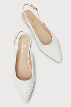 The Lulus Kayaa White Pointed-Toe Slingback Flats are destined to be your go-to shoes when you need an effortlessly polished look! These ultra-chic, faux leather flats feature a sophisticated pointed-toe upper with a low-cut collar that continues into an adjustable, slingback-style strap that secures with a silver buckle. A sensible, low-block heel completes the simply stylish design! 0. 75" rubber heel. Lightly cushioned insole. Rubber sole has nonskid markings. All Man Made Materials. Imported Elegant Flat Synthetic Slingback Sandals, Elegant Flat Heel Everyday Sandals, White Flat Slingback Pumps, Elegant Flat Heel Sandals For Everyday, Chic Everyday Slingback Pumps With Removable Insole, Chic Flat Synthetic Slingback Pumps, Classic Flat Slingback Pumps For Summer, Elegant Synthetic Slingback Sandals With Flat Heel, Chic Flat Slingback Sandals For Everyday