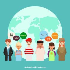 people with speech bubbles around the world