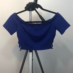 Nwt. Crop Top With Side Lace Up Detail. Short Sleeve, Scoop Neck, Slight Off The Shoulder. Chic Blue Short Sleeve Crop Top, Blue Crop Top, Blue Crop Tops, Cute Crop Tops, Off The Shoulder, Scoop Neck, Crop Top, Lace Up, Womens Tops