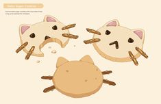 three cartoon cats with cookies in the shape of their heads and tails, one has its mouth open