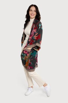 Set the tone for the season with our Floral Cotton Kimono Jacket. Made from 100% cotton, it features a bold, colorful floral pattern for a modern twist on a classic look. Its lightweight fabric makes it great for adding color to your workwear or casual outfits in the warmer seasons. Material: 100% Cotton Length: 31" Width: 46" Sleeve Opening: 28" Grey, Deep Pink, Aqua Made In India Model: 5' 8" Casual Multicolor Floral Print Cardigan, Spring Cotton Cardigan With Floral Print, Spring Floral Print Cotton Cardigan, Fall Floral Print Cotton Outerwear, Multicolor Cotton Outerwear With Floral Print, Casual Cotton Cardigan With Floral Print, Winter Floral Print Cotton Cardigan, Printed Cotton Outerwear For Work, Casual Multicolor Floral Print Outerwear