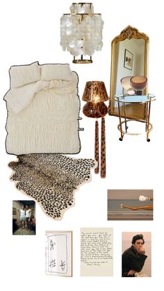 an assortment of items including a bed, lamp and mirror