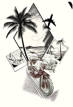 a drawing of a motorcycle with palm trees and an airplane in the sky above it