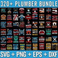 a poster with the words plumber bundle in different colors and font on black background