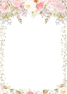 an ornate floral frame with pink flowers and greenery on the edges, in gold foil