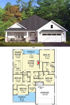 two story house plans with garage and living room on the first floor are shown in this image