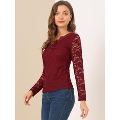 Made of lightweight semi-sheer fabric in a fitting silhouette, this elegant lace blouse is designed with a lace trim and full sleeves, which is an effortless option for weddings, night outings, or parties. A flattering deep V-neckline and long feminine sleeves, show your enchantment better. A scalloped lace trim and lace panel add a romantic feeling to this stretchy blouse, especially for teens, girls, or ladies. Slim fit design, makes you look more elegant. Perfect match mini skirts for a chic Halloween Floral, Lace Blouse Long Sleeve, Scalloped Lace, Lace Panelled, Sheer Fabric, Halloween Women, Full Sleeves, Chic Woman, Lace Overlay