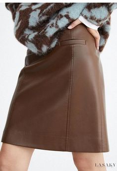 Lasaky - High-waist Sheepskin Embossed Minimalist Midi Skirt made of Genuine Leather High Waisted Leather Skirt, Brown Mini Skirt, Leather Pleated Skirt, Leather Midi Skirt, High Waisted Pencil Skirt, Leather Mini Skirt, Reddish Brown, Leather Mini Skirts, Dark Brown Leather