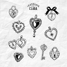 various heart shaped tattoos are shown on a piece of paper with the words tattoo's clara written in it