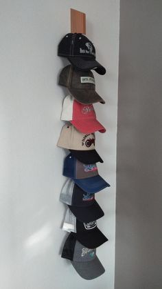 Baseball Cap Rack Diy Wall, Ball Cap Display Ideas, Baseball Hat Display, Baseball Hat Storage, Wall Mounted Hat Rack, Baseball Cap Rack, Baseball Caps Storage, Diy Hat Rack, Cap Rack