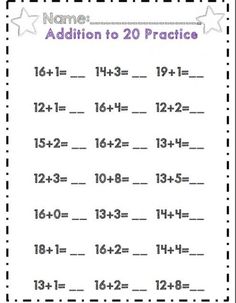 addition to 20 practice sheet with numbers and place value for the first grade 1 student