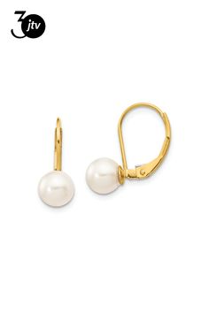 14K yellow gold 6-7mm white round saltwater akoya cultured pearl dangle earrings. Have polished finish and leverback clasps. Measures approximately 5/8"L x 1/4"W. Pearl Dangle Earrings, Leverback Earrings, Pearl Earrings Dangle, Cultured Pearls, Dangle Earrings, Yellow Gold, Yellow, Gold, White