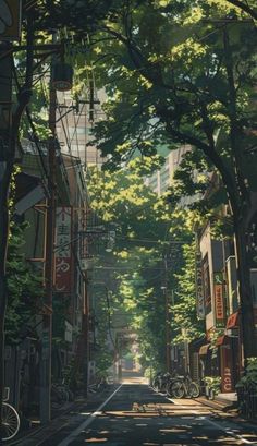 an empty street lined with trees and buildings