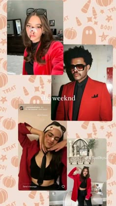 a collage of photos with people dressed up in halloween costumes and one woman wearing a red jacket