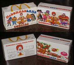 three boxes of mcdonald's hamburgers with cartoon characters on the front and back