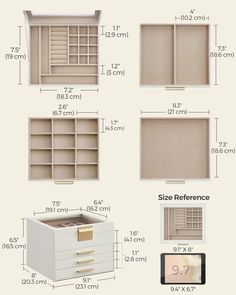 the measurements for an open bookcase are shown in three different sizes and colors, including white