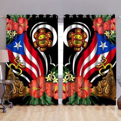 the curtains are decorated with an american flag and floral designs on black, red, white, and blue