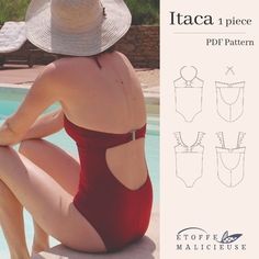 Sewing pattern in PDF format, instant digital download.\n\nThis is the one-piece version of the swimsuit Itaca.\nItaca’s straps are nicely decorated with a flounce (or not: it’s your choice!).\n\nThey can be fastened in the back or tied at the neck.\nYou can Swimwear Sewing Patterns, Swimsuit Pattern Sewing, Swimwear Pattern, Sewing Clothes Women, Sewing Lingerie, Swimsuit Pattern, Clothes Sewing, Diy Stuff, Diy Sewing Projects