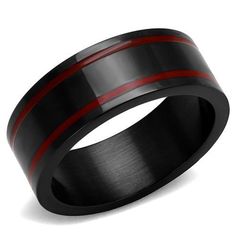 men's black and red wedding band with two stripes inlayed to the center