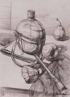 a pencil drawing of a bottle with a knife next to it and an apple on the table