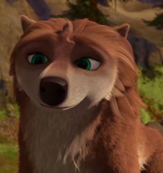 a close up of a dog with green eyes in the animated movie, ice age