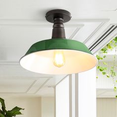 a green light hanging from the ceiling in a room with potted plants on the floor