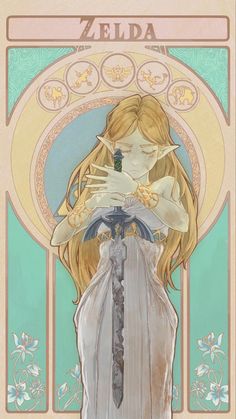 the legend of zelda is depicted in this illustration, with an image of a woman holding