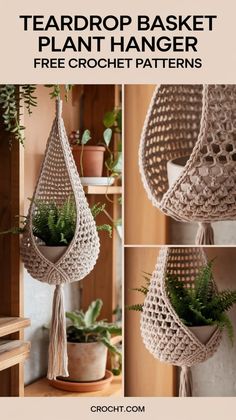 a plant hanger made out of crochet yarn with plants in it and text overlay that reads, teardrop basket plant hanger free crochet patterns